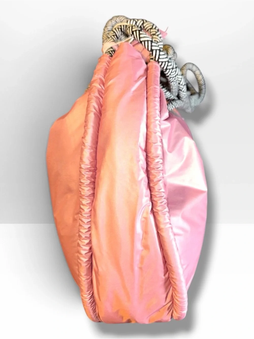 👩🏻‍⚖️Wildfox Light Pink Puffer Crossbody with Knotted Black & White Rope Strap